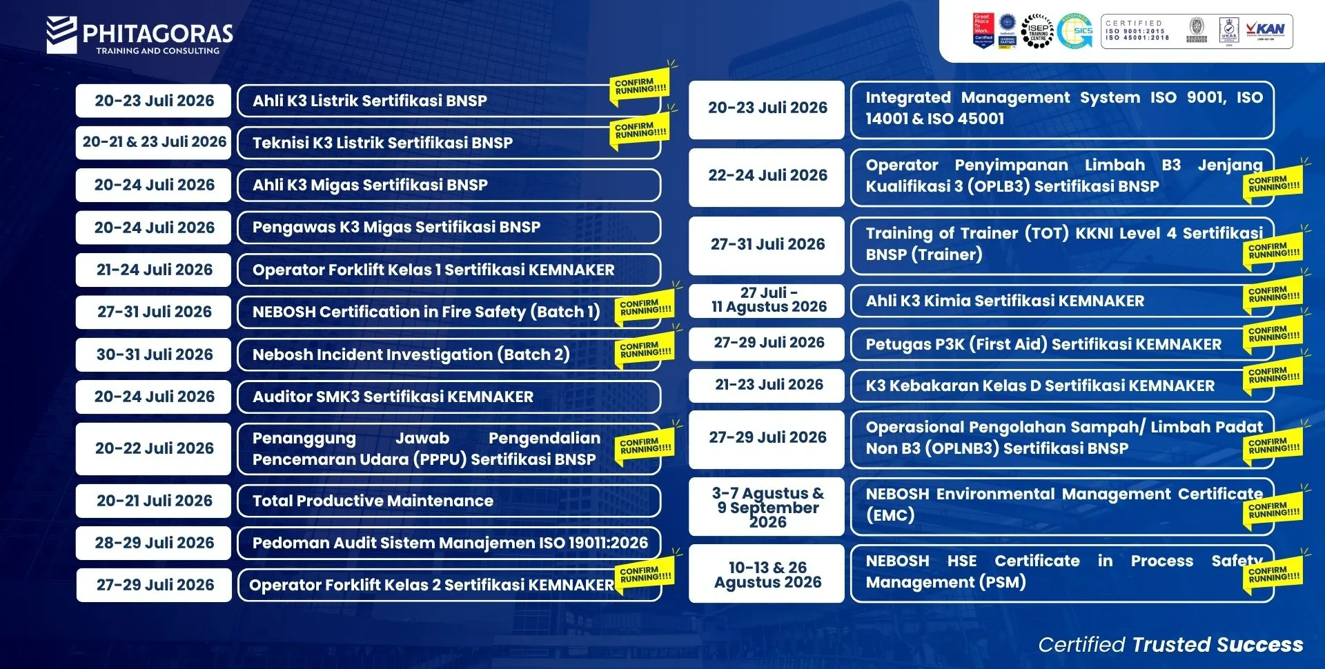 Jadwal training confirmed running Phitagoras